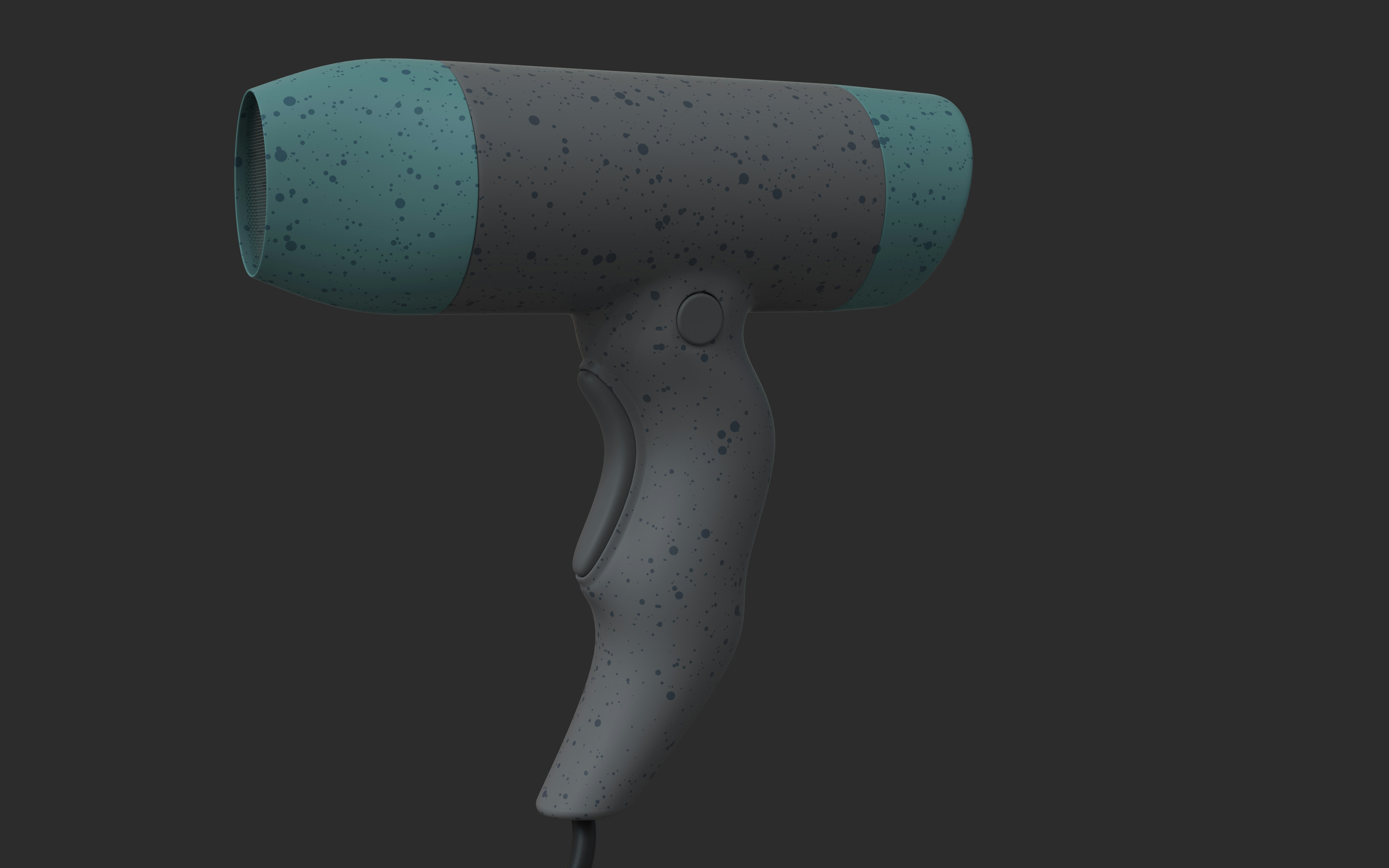A vintage hairdryer with a teal and gray body