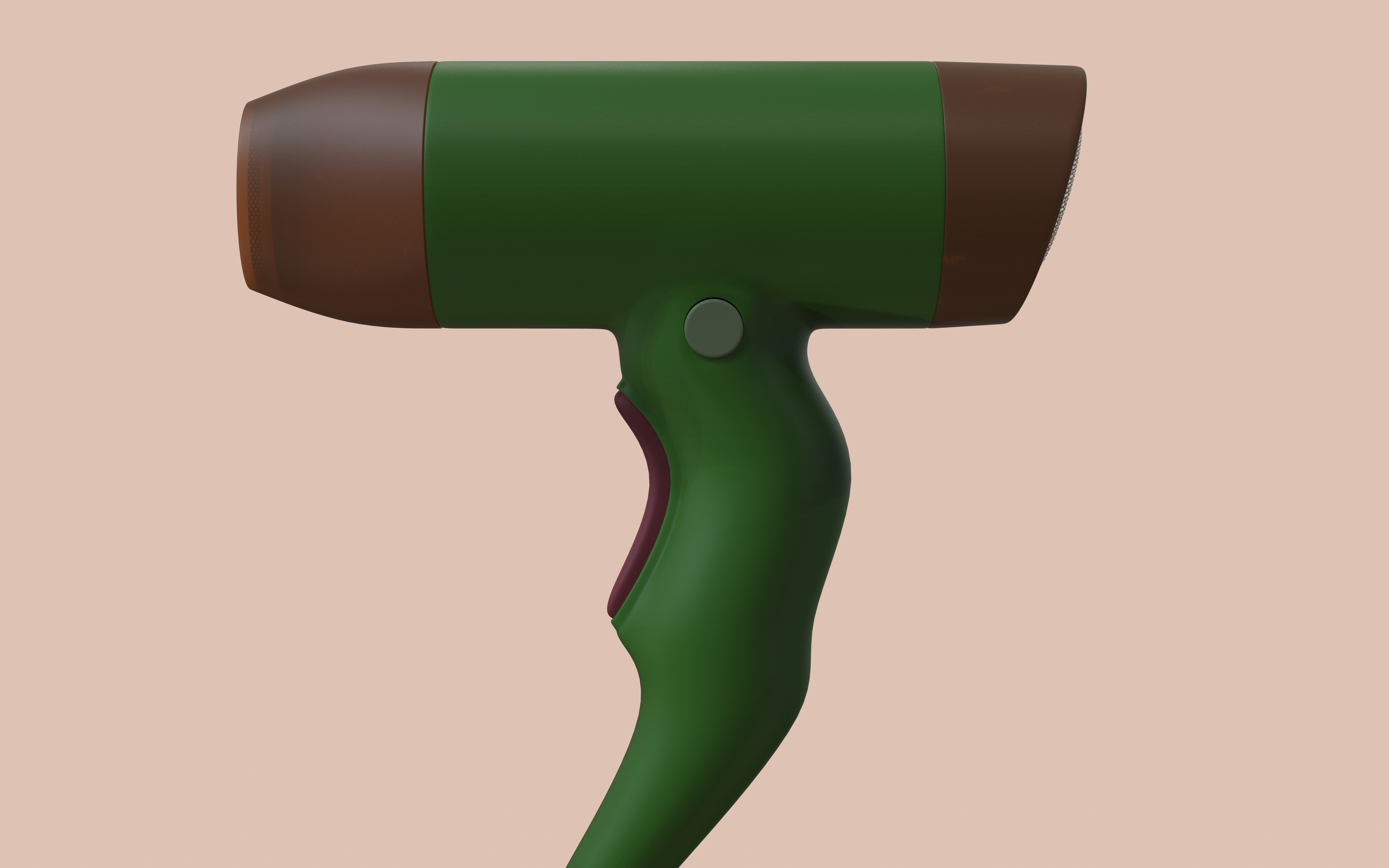 Green hairdryer with brown accents on a light background