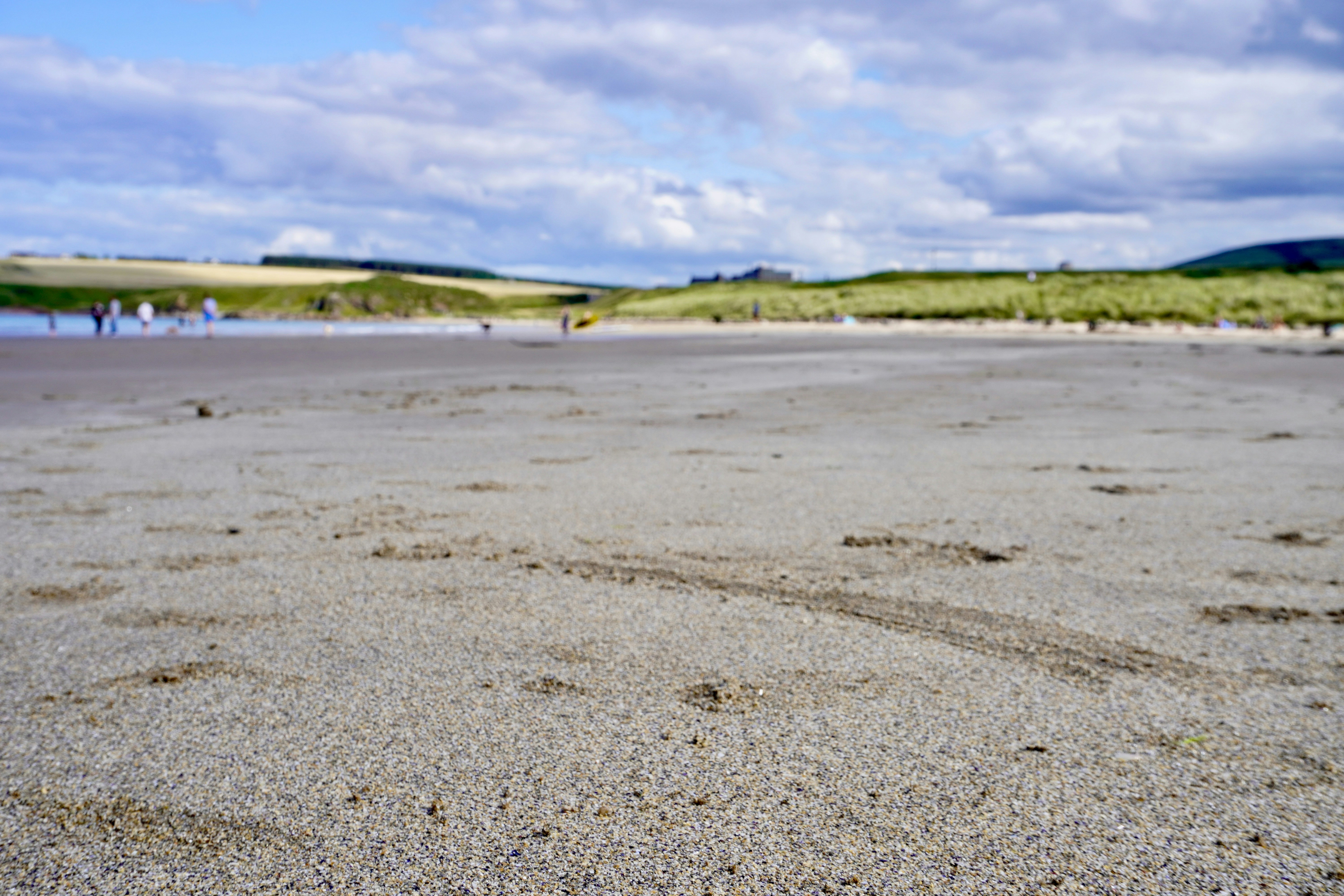 Sandy beach with distant people and grassy dunes.