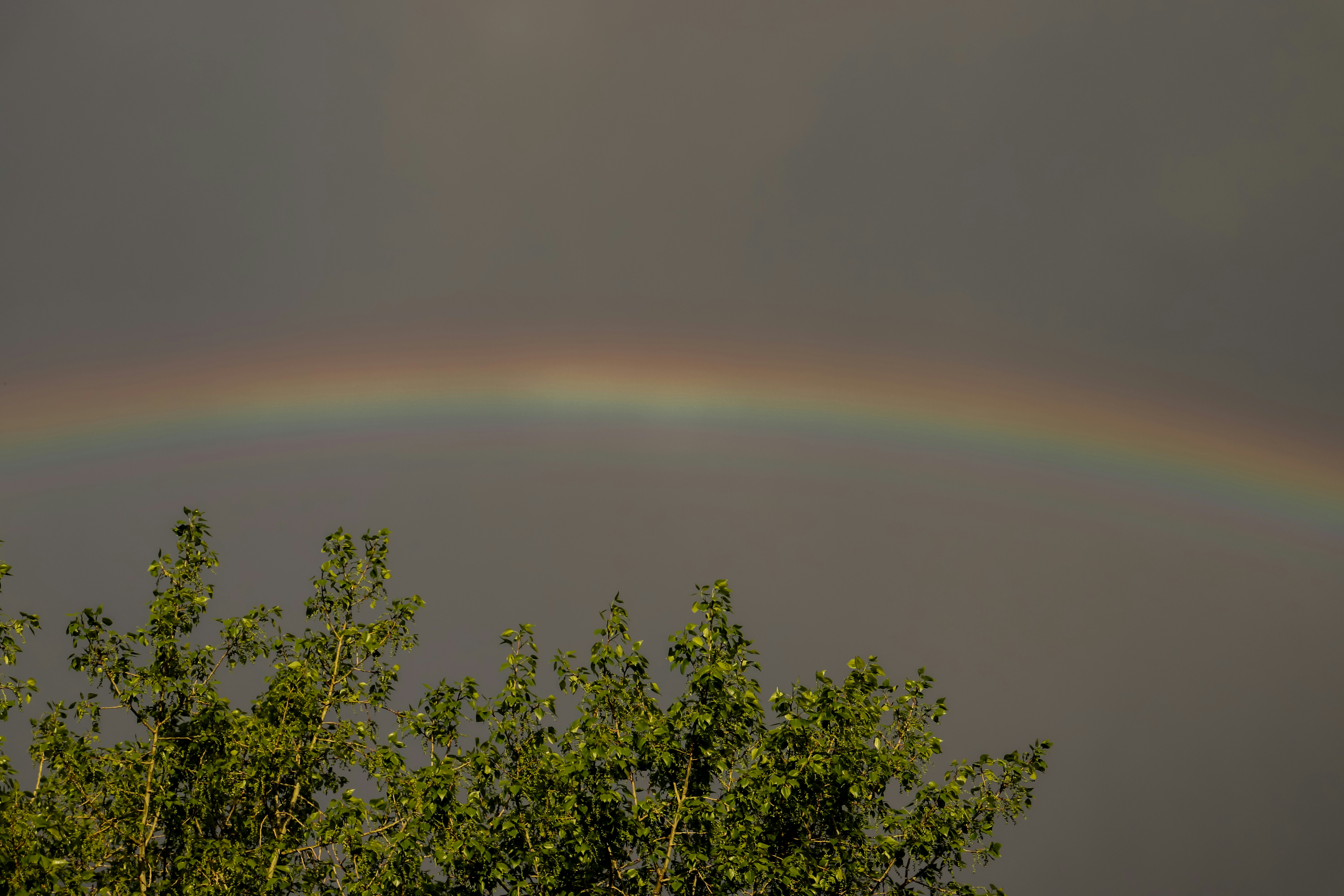 A faint rainbow arcs across a cloudy sky.