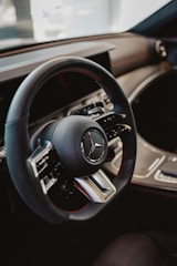 Close-up of a modern car steering wheel