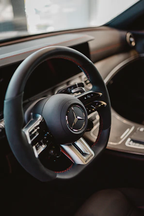 Close-up of a modern car steering wheel