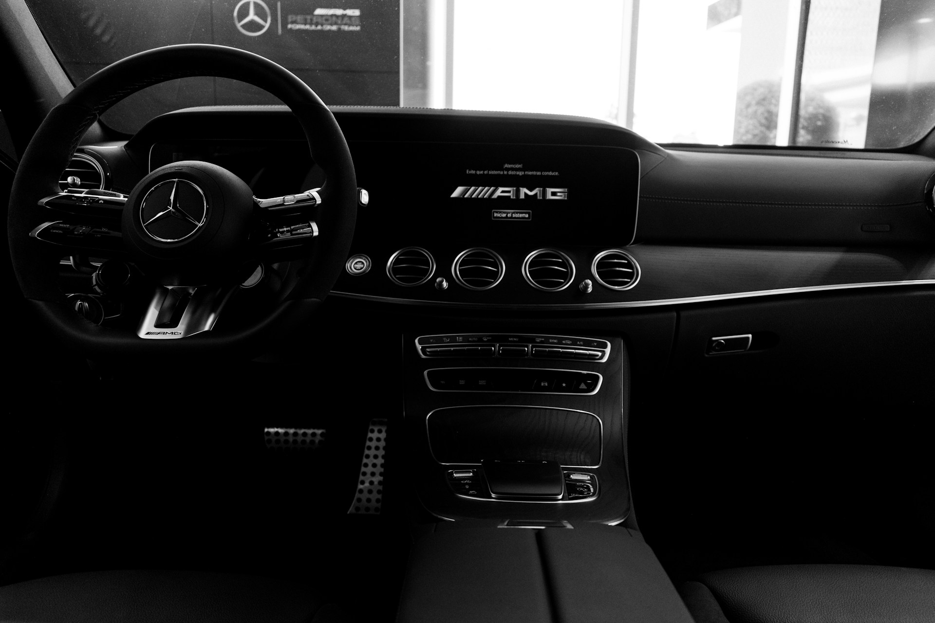 Interior view of a modern mercedes-benz car dashboard.