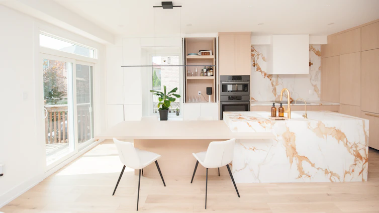 Kitchen renovation in Cabo San Lucas. Marble island and dining area
