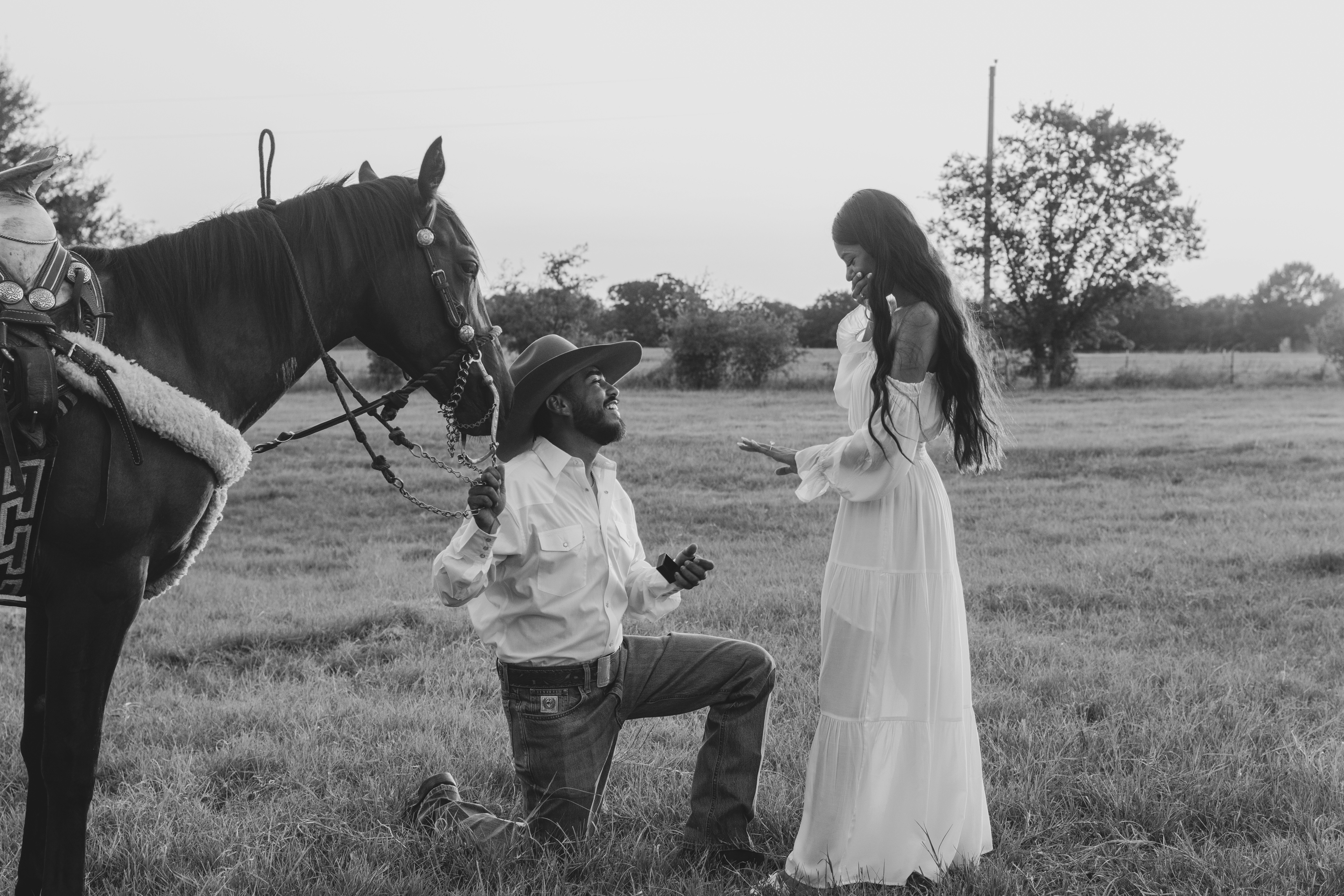 Man proposes to woman with horse nearby