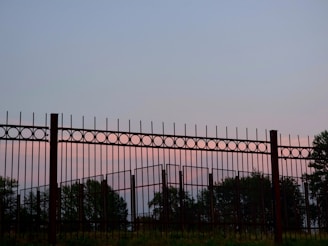 Wrought iron fence against a pastel sunset sky