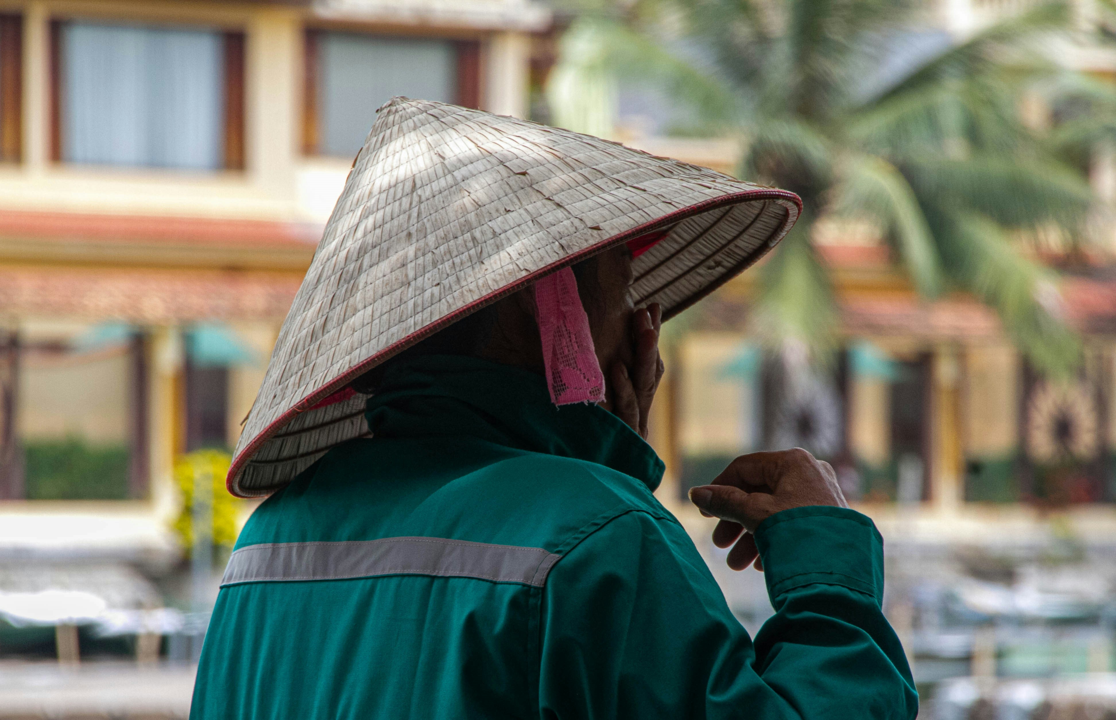 Person wearing a conical hat and green jacket.