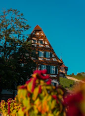Historic timber-framed house against a blue sky.