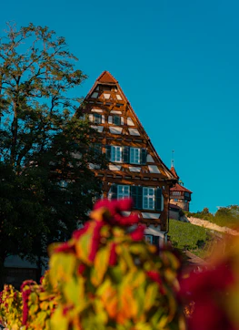 Historic timber-framed house against a blue sky.