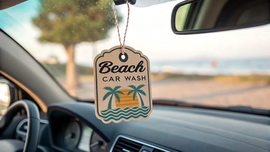 Car air freshener hanging from rearview mirror