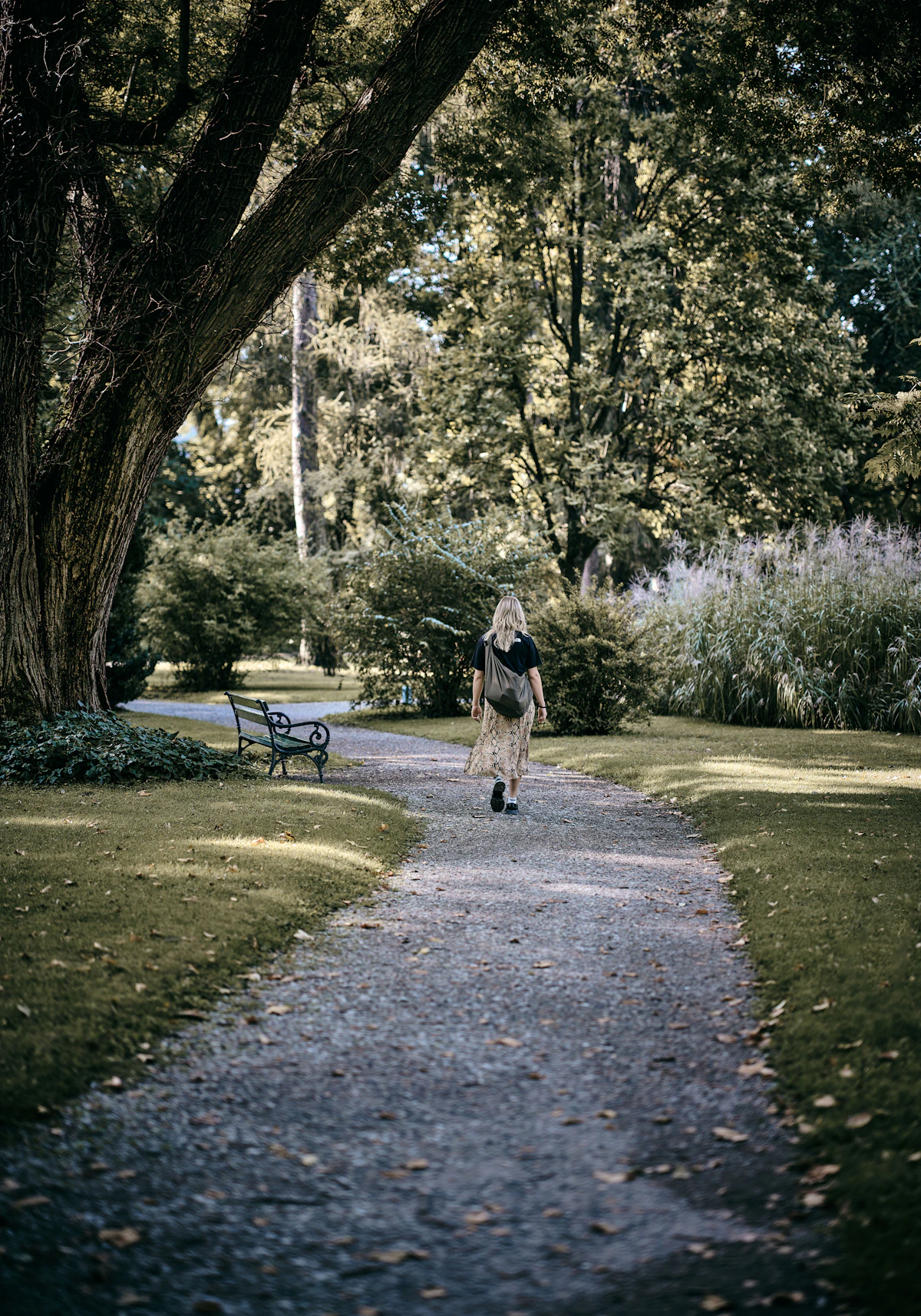 Frau geht durch einen grünen Park als Symbol für alltagstaugliche Bewegung