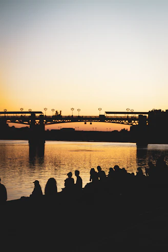 Silhouetted people watch sunset over river and bridge