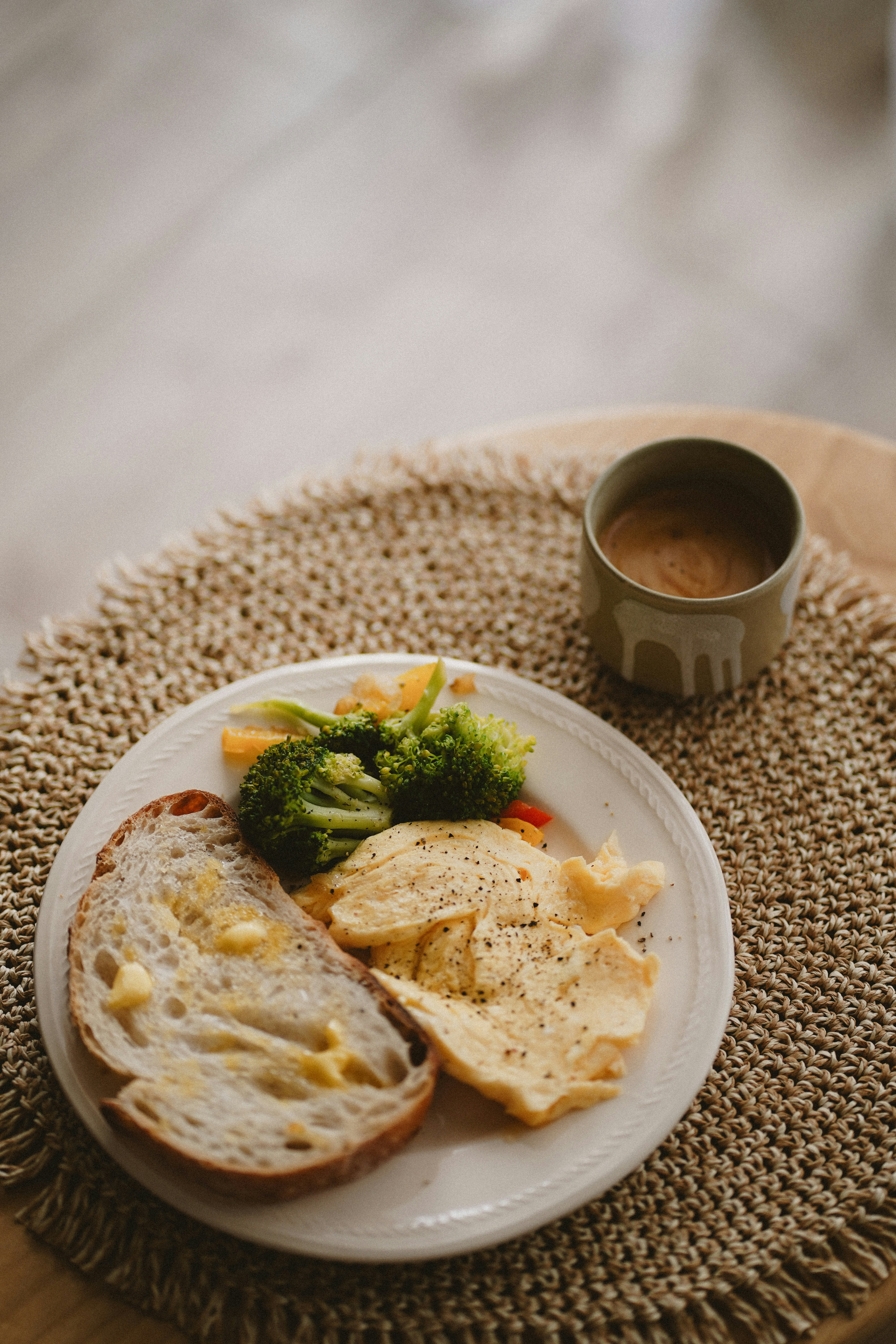 Healthy breakfast with toast, eggs, and vegetables