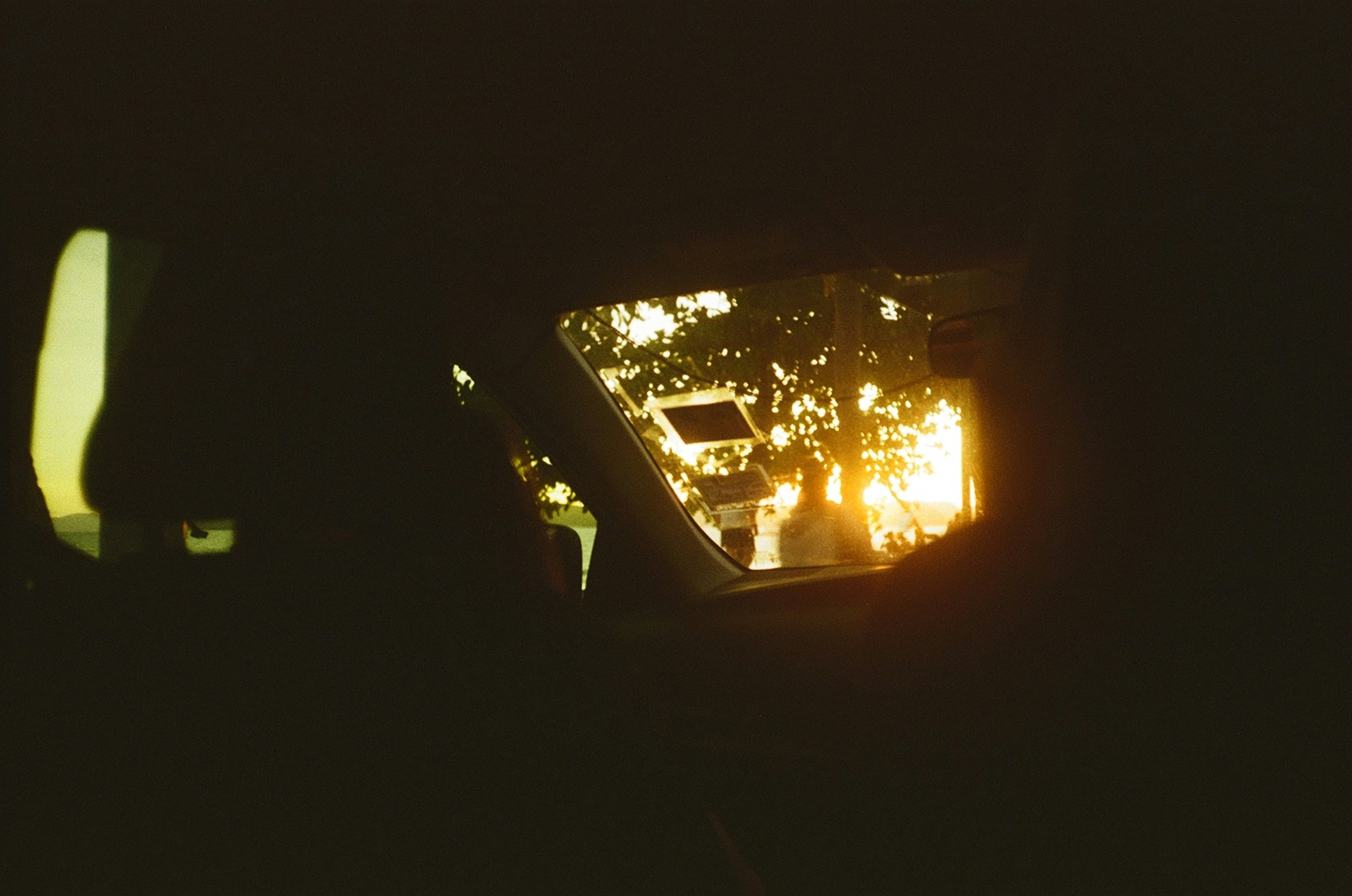 Sunset viewed through a car window with trees