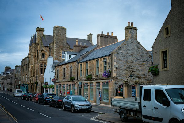 Stone buildings along a street — Orkney, United Kingdom