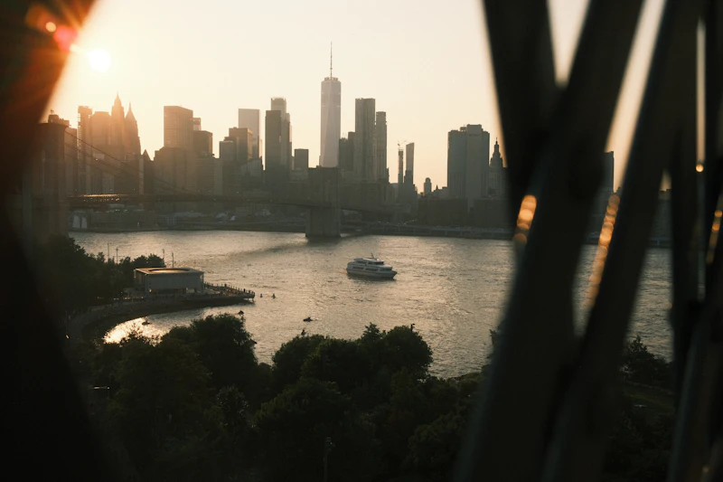 New York City skyline across the water at sunset
