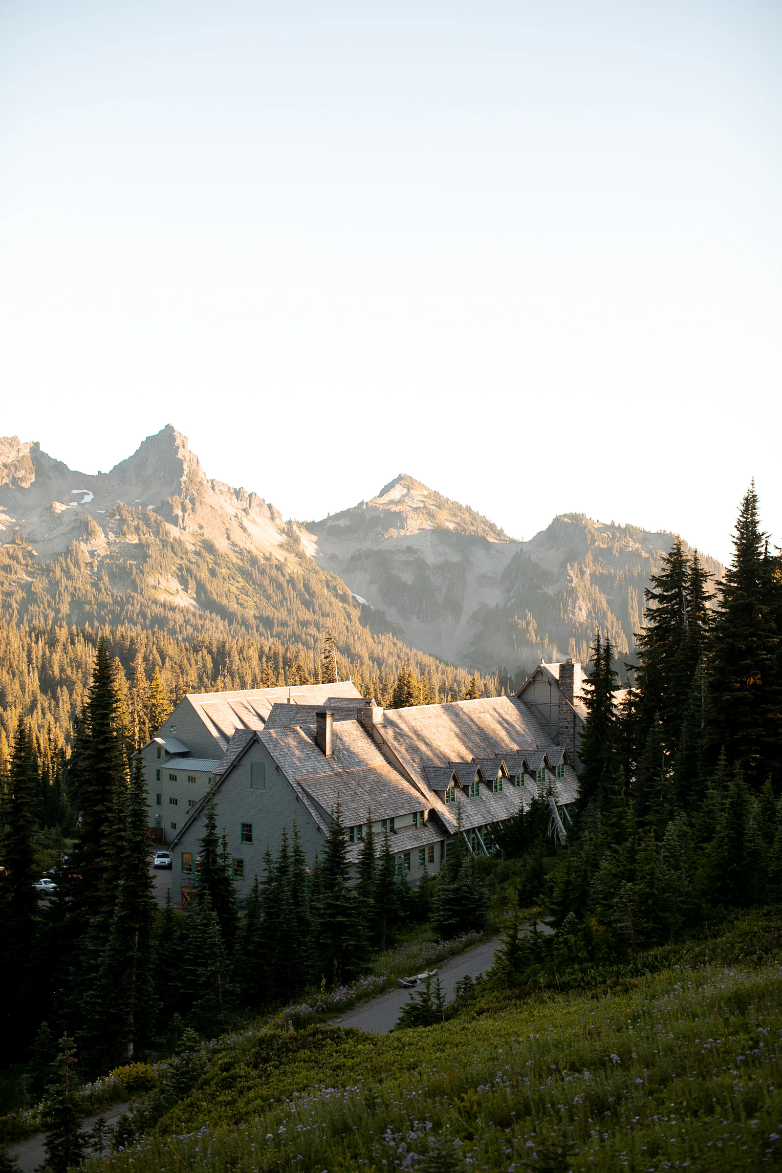 A historic lodge nestled among pine trees