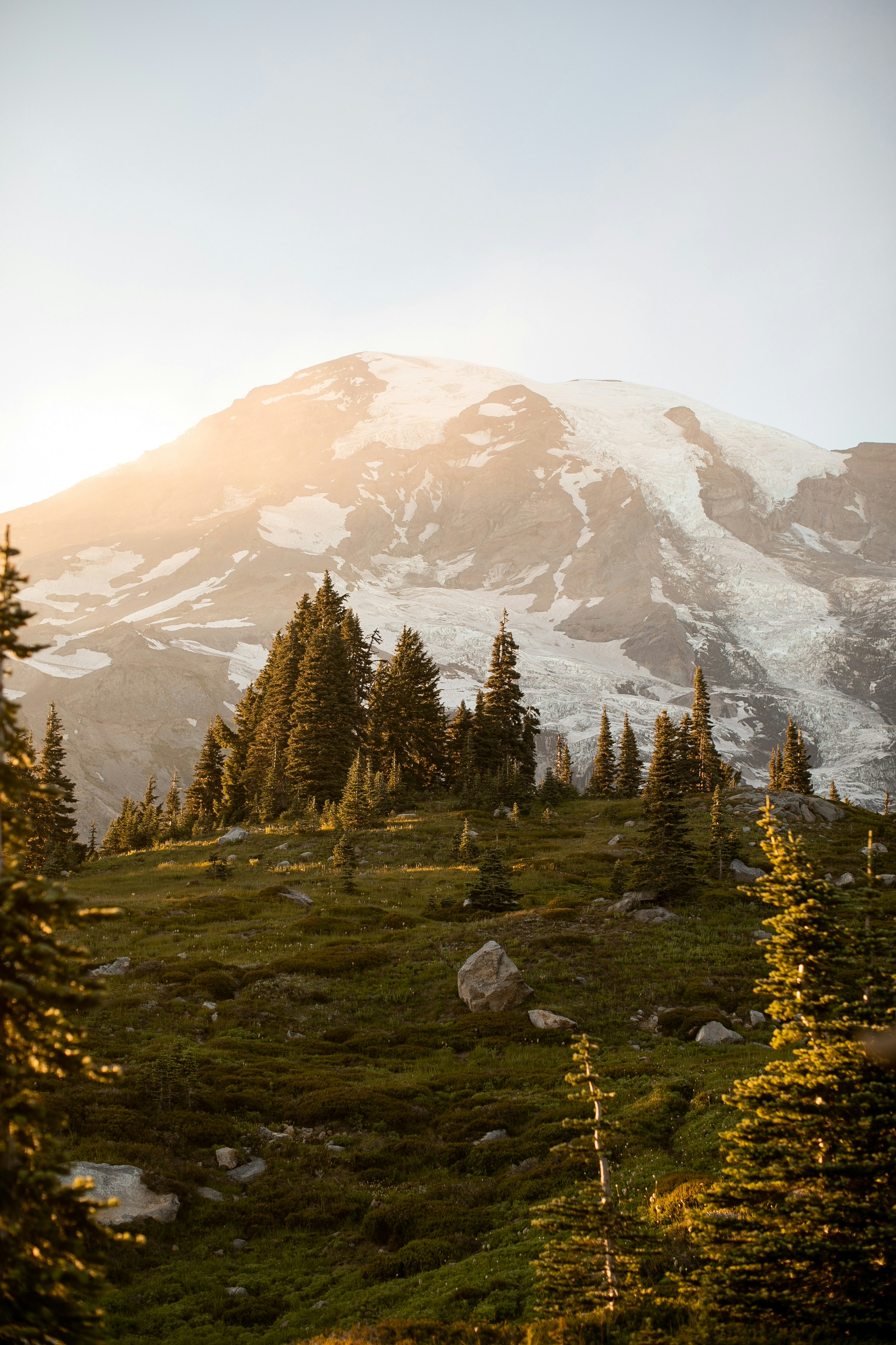 Snow-capped mountain peak bathed in golden sunlight