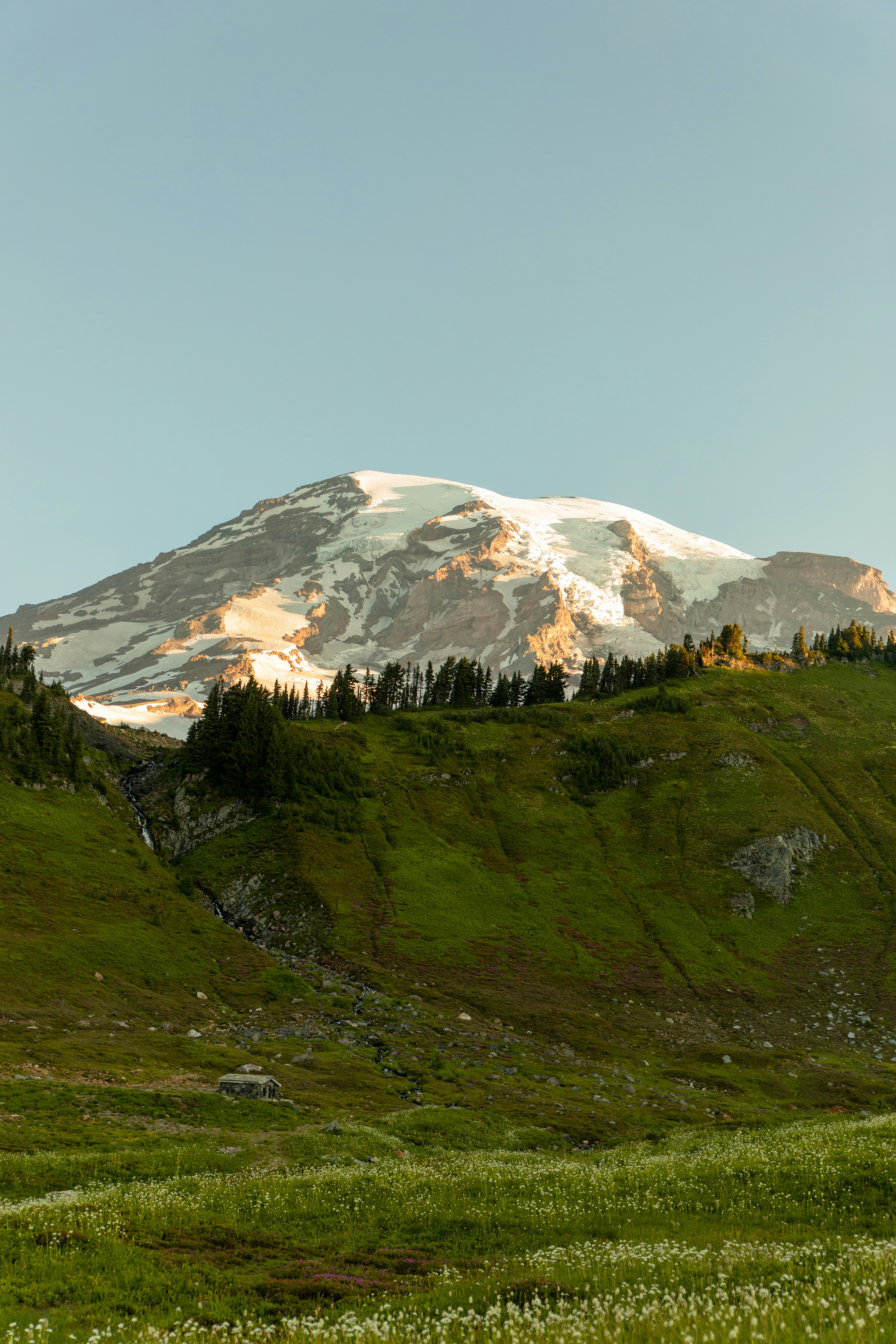 Snow-capped mountain peak above green grassy hills.