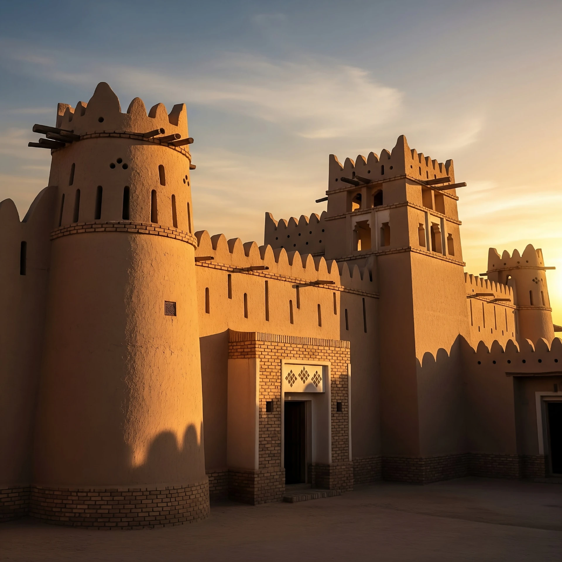 Ancient desert fort illuminated by golden sunset light