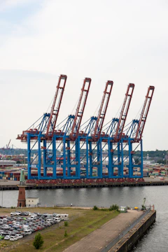 Row of large blue and red harbor cranes