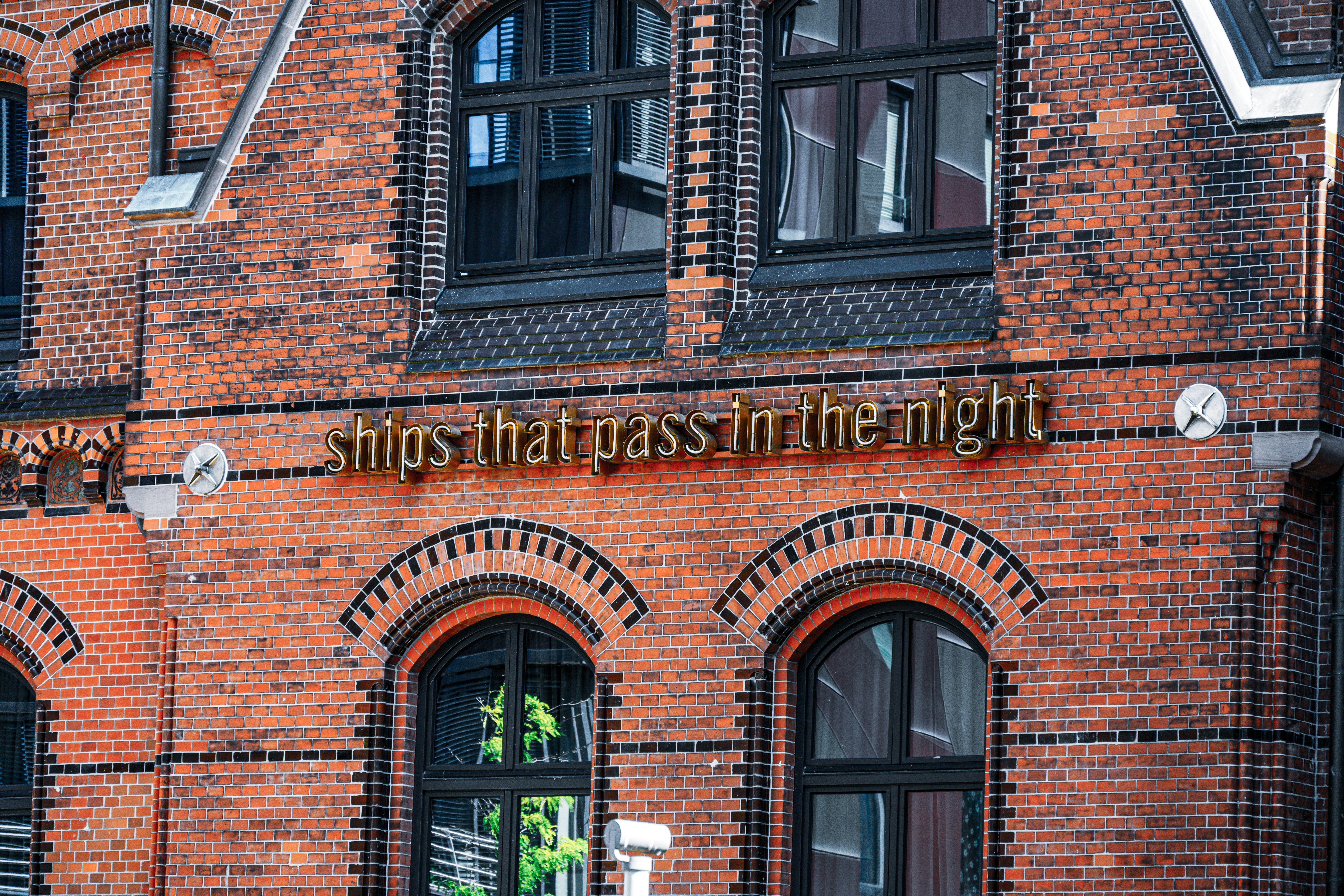 Brick building with text 
