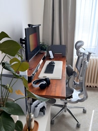 Modern desk setup with computer, chair, and plants.