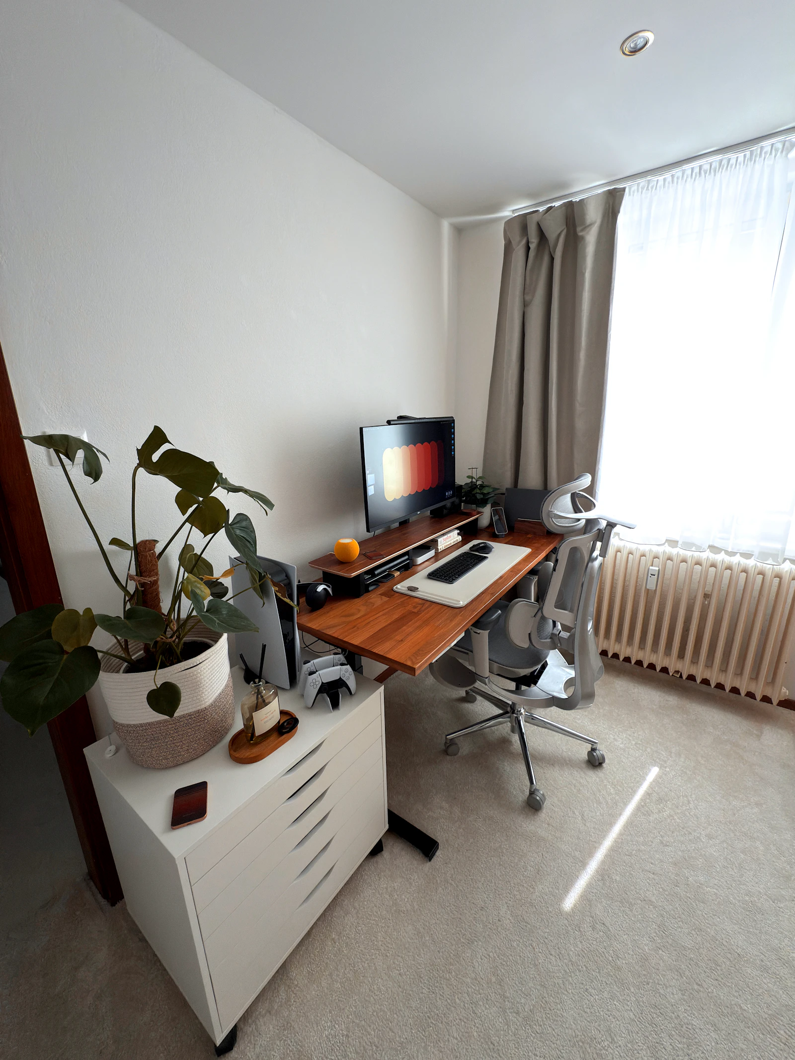 A modern home office desk with a laptop and a small plant