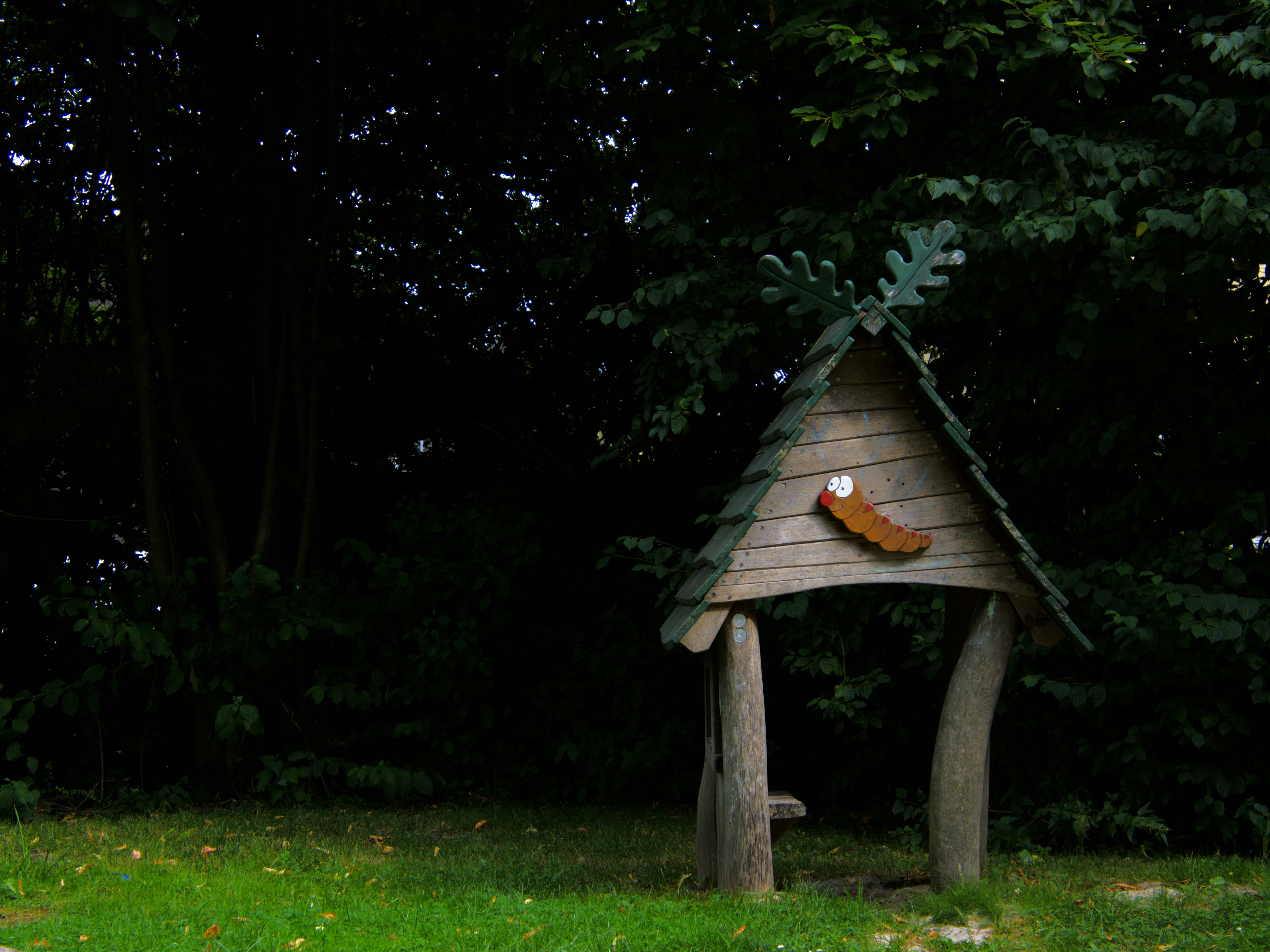 Small wooden shelter in a dark forest setting