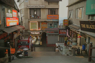 Busy street scene with shops and signs