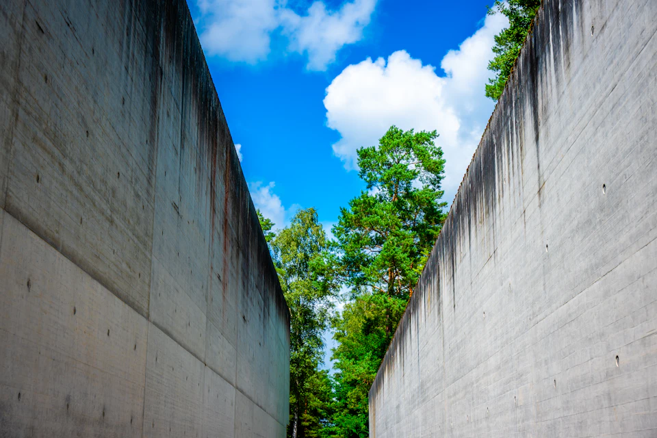 The image shows a concrete wall with vertical lines running down its center, creating an illusion of depth and perspective. The wall is situated between two trees on either side, providing a natural frame to the scene. The sky above is blue with white clouds, adding to the overall tranquility of the setting.