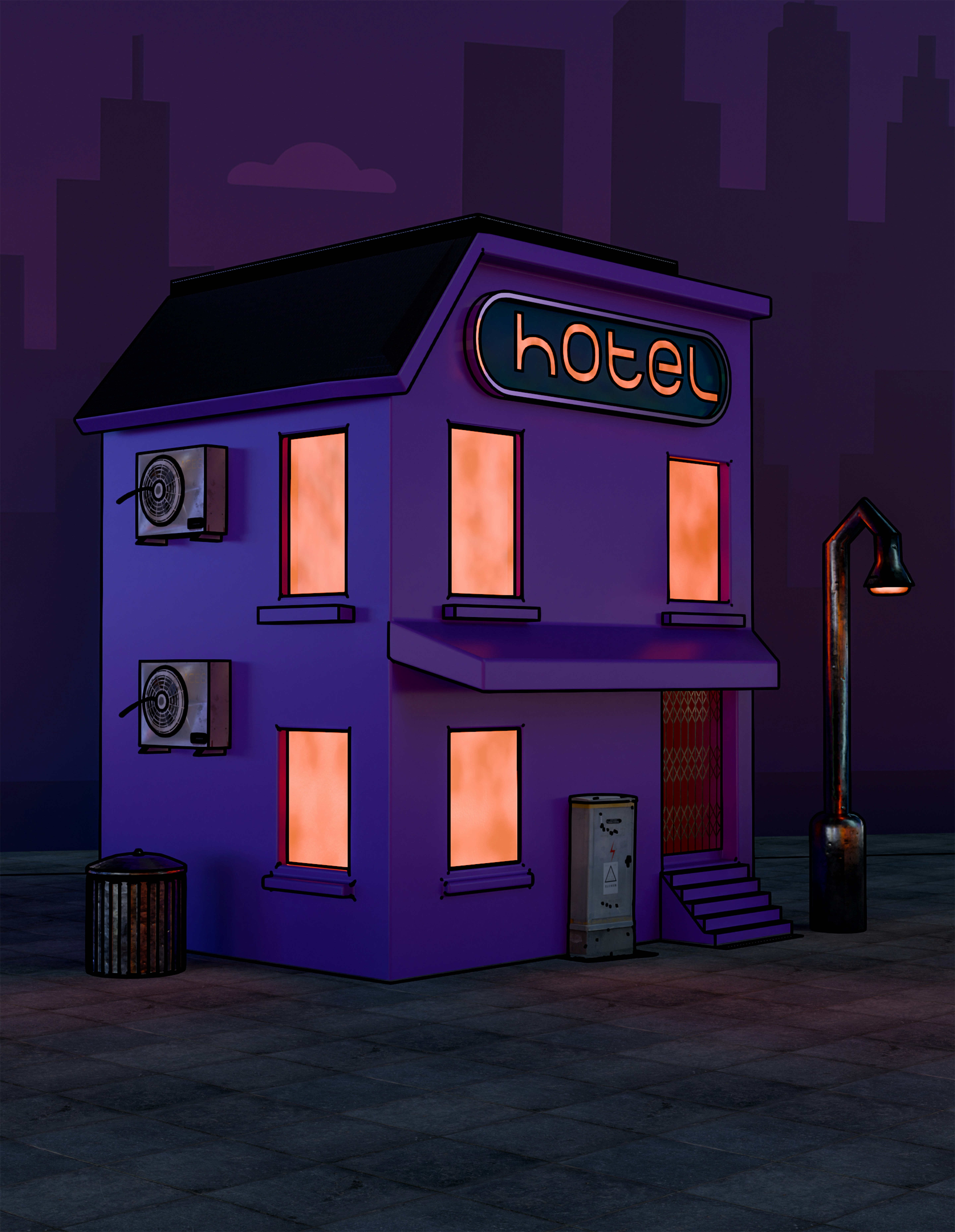 A purple hotel building at night with glowing windows.