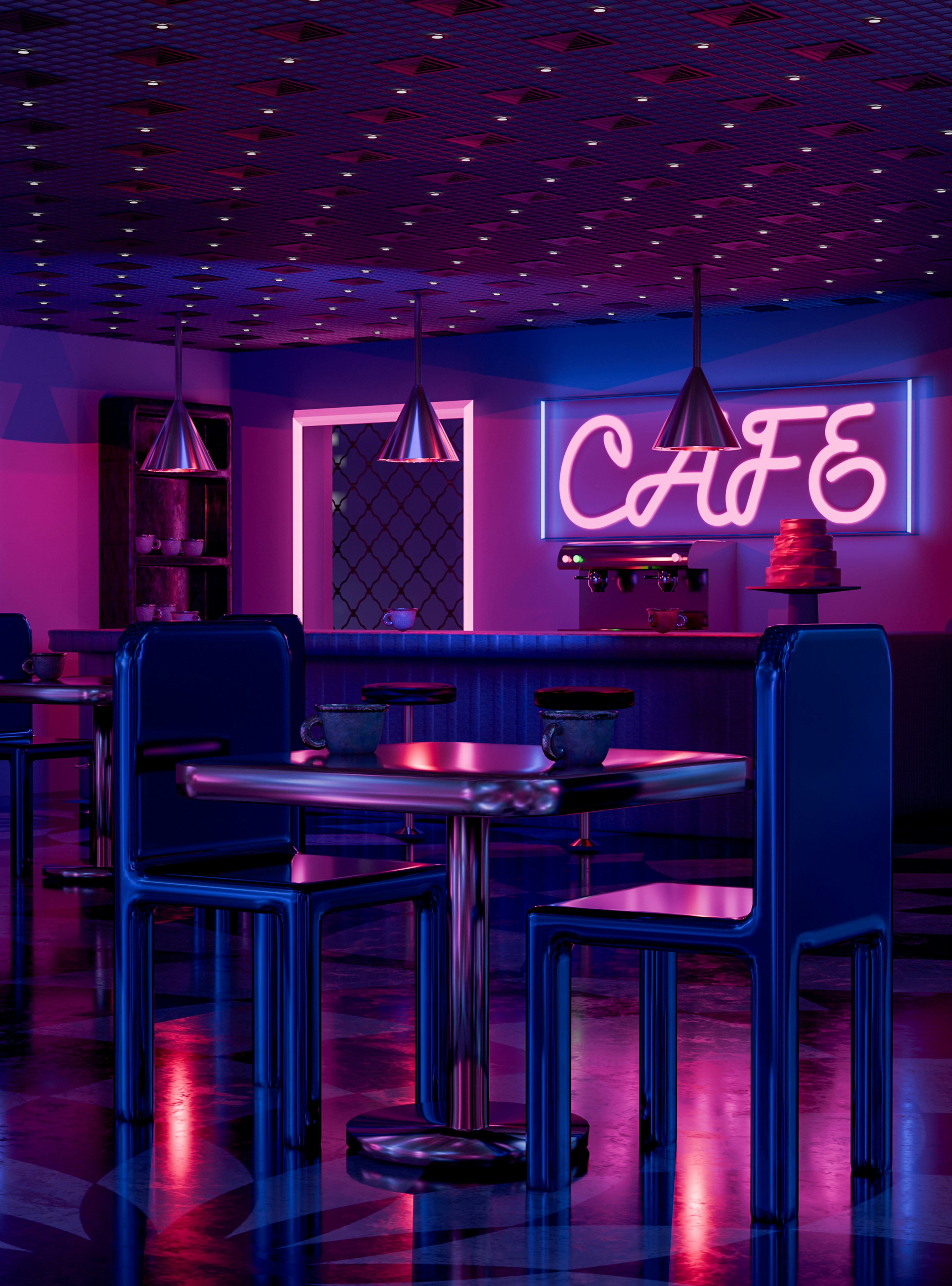 Neon lit cafe with empty tables and chairs.