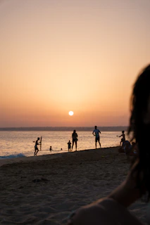 Silhouettes of people enjoying a beach sunset