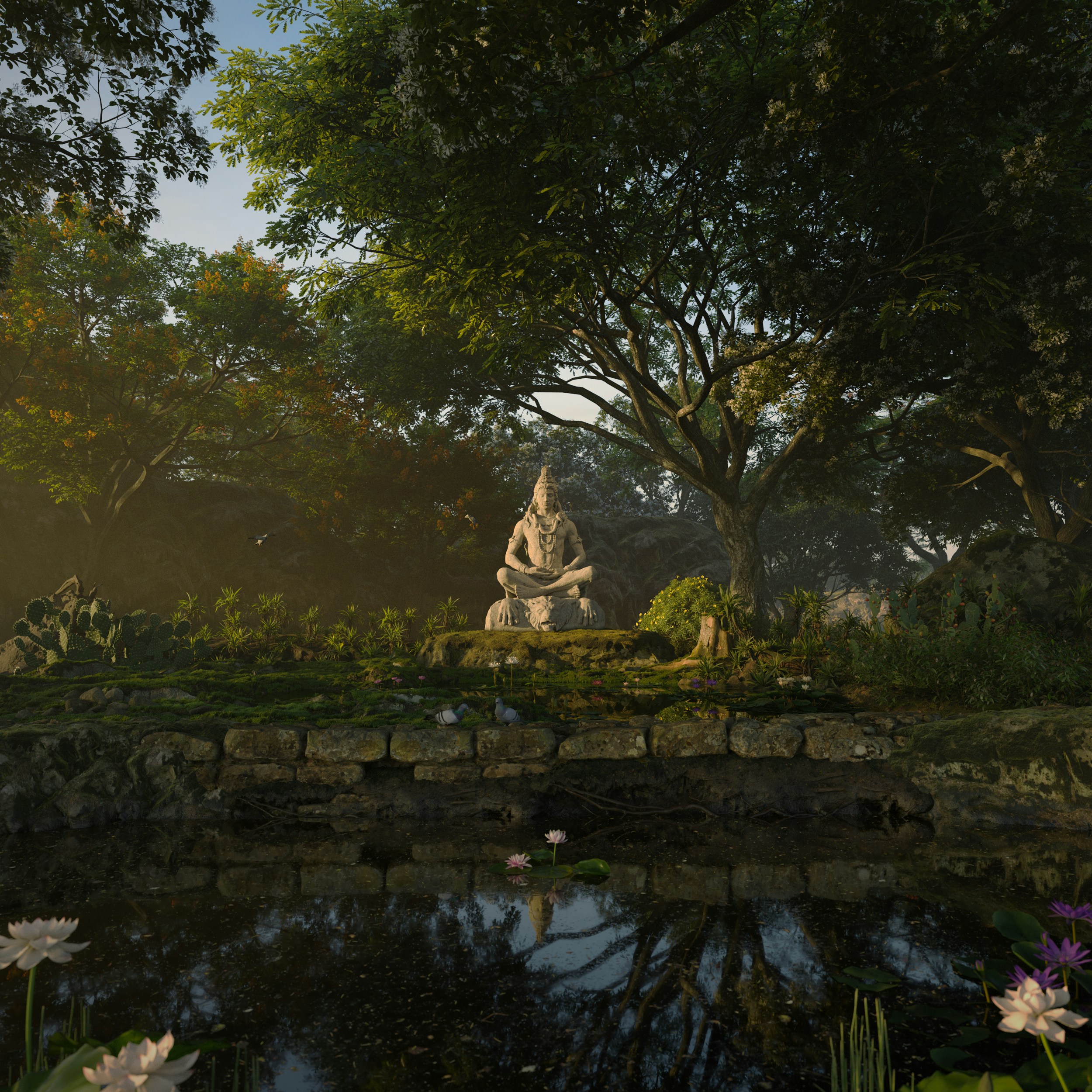 Estatua de Buda de piedra en un jardín sereno con un estanque - Foto ...