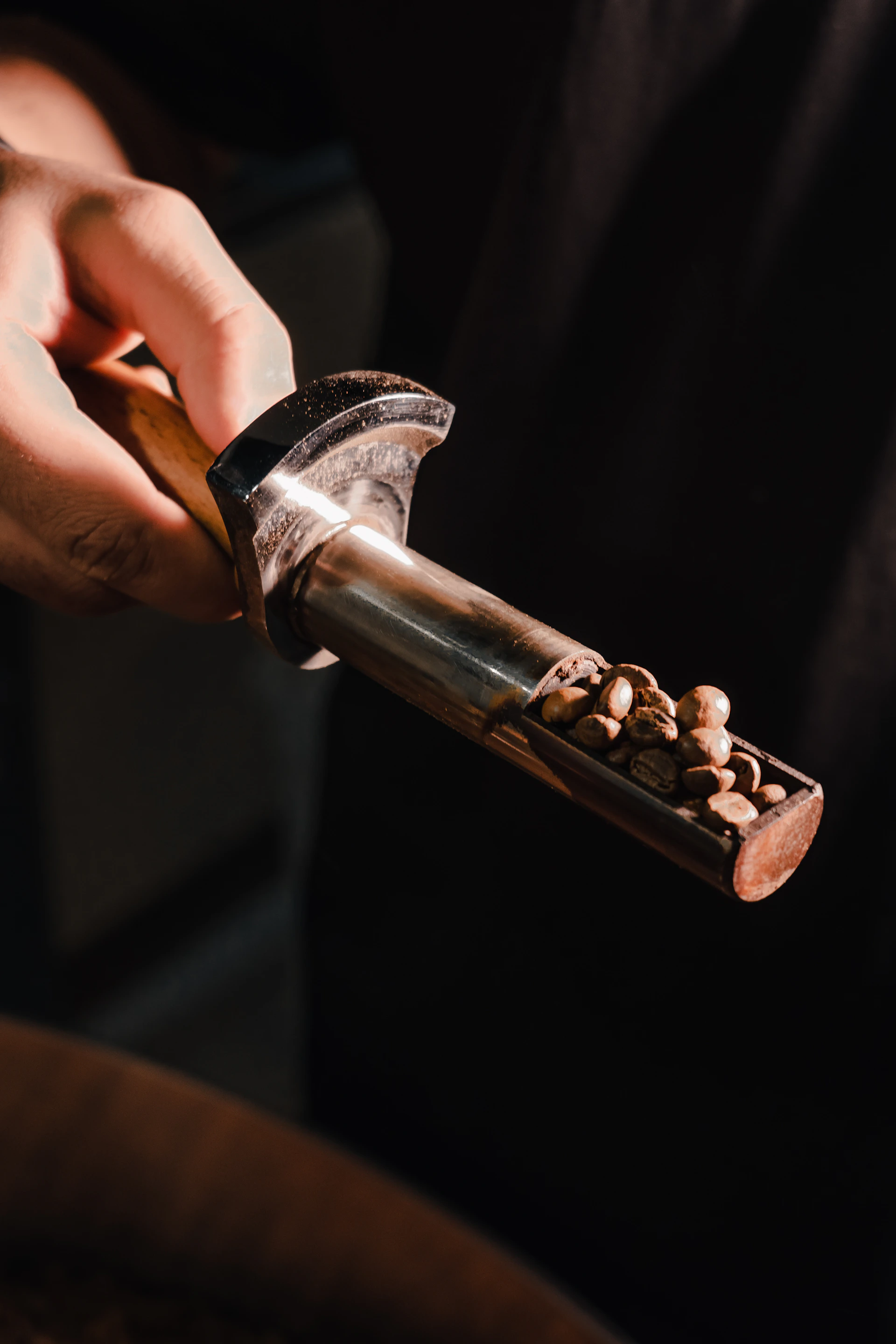 Hand holding a scoop of roasted coffee beans