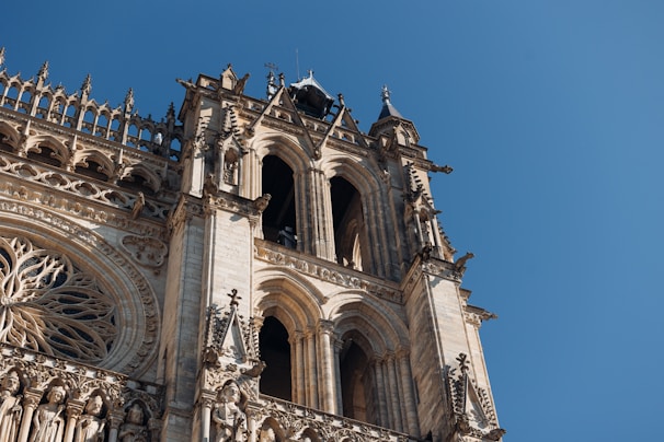 Gothic cathedral architecture against a clear blue sky