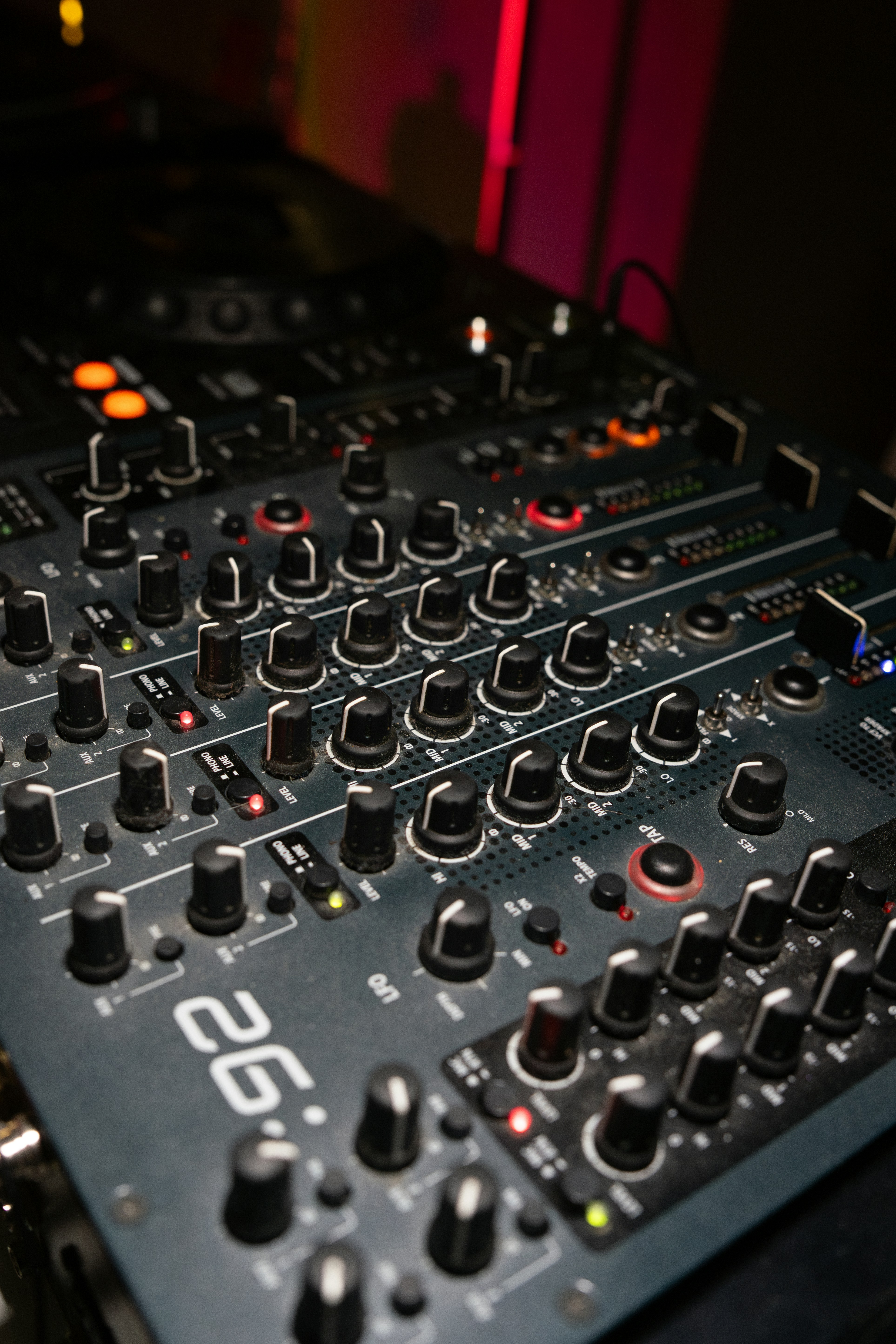 Close-up of a dj mixer with many knobs