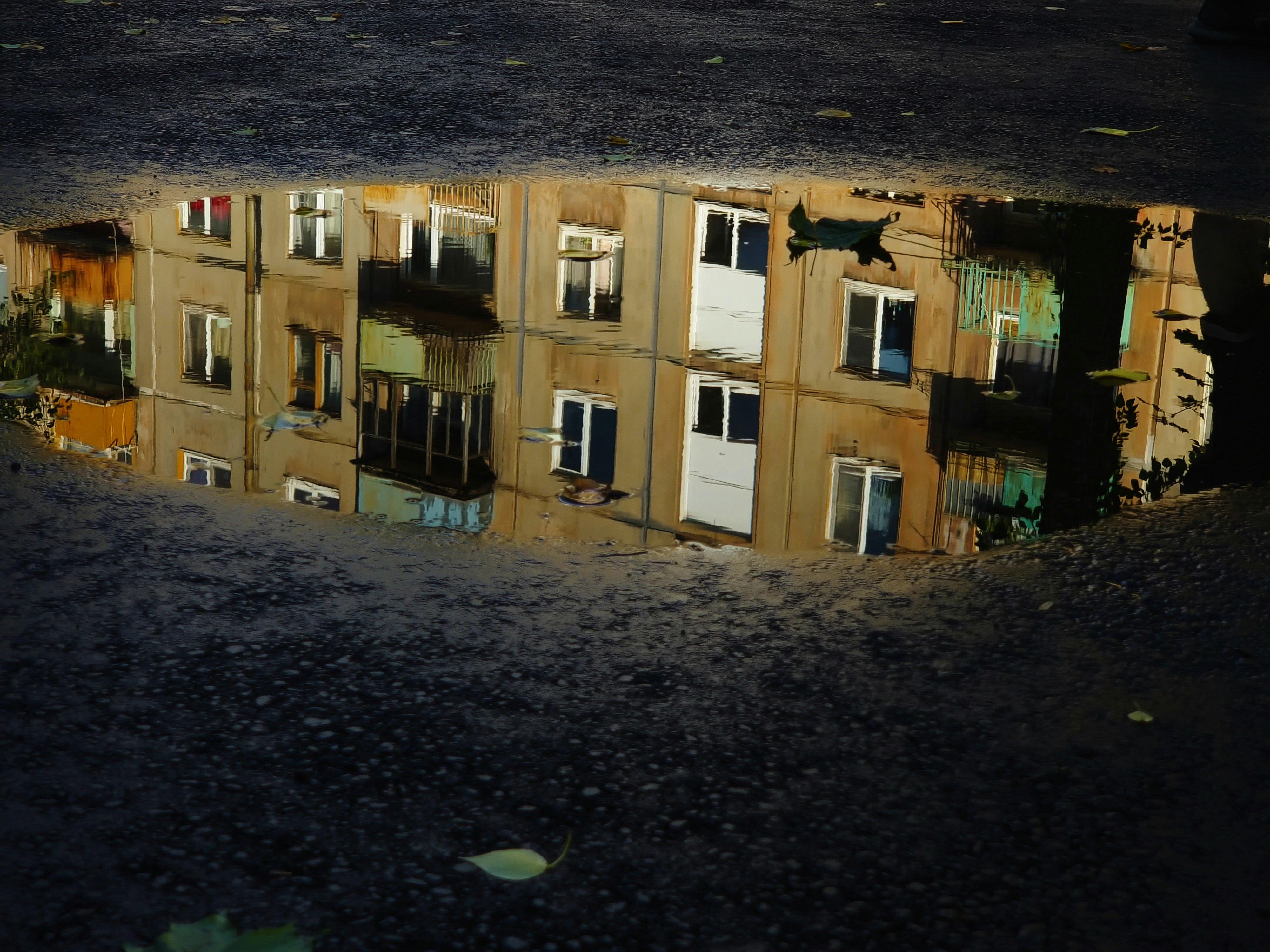 Reflection of apartment building in a puddle