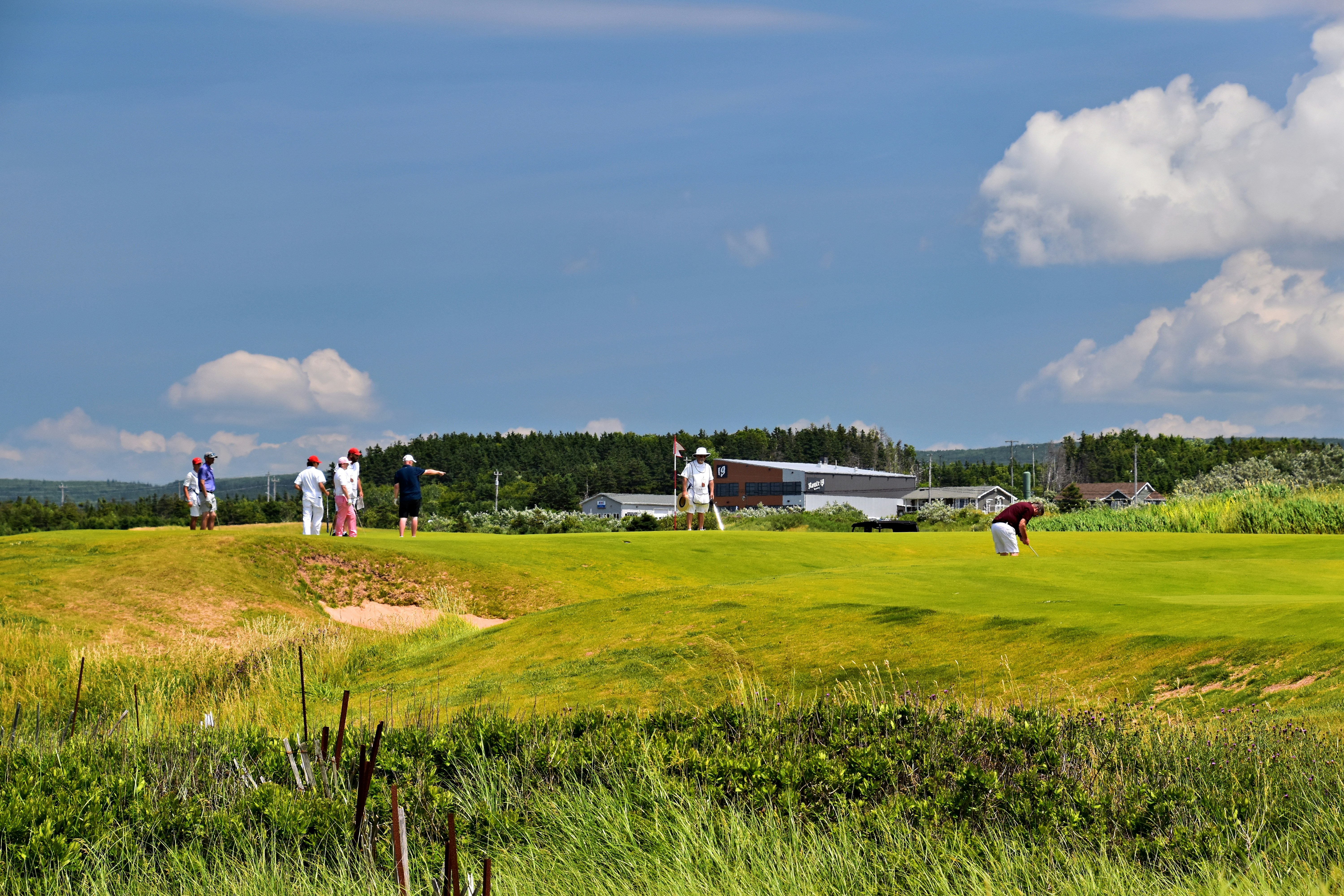 Golfers playing on a sunny day with blue sky.