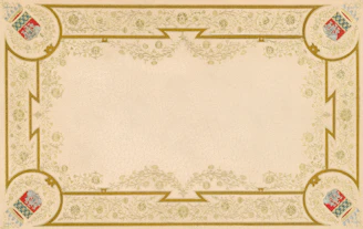 Ornate gold border with crests on a cream background