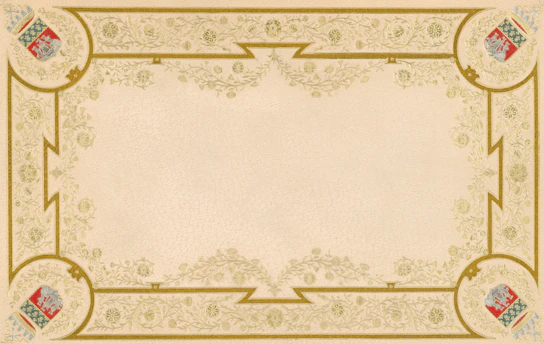 Ornate gold border with crests on a cream background