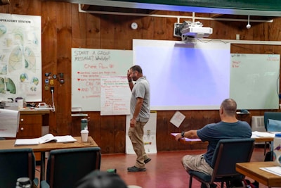 A man presents to an audience in a classroom.