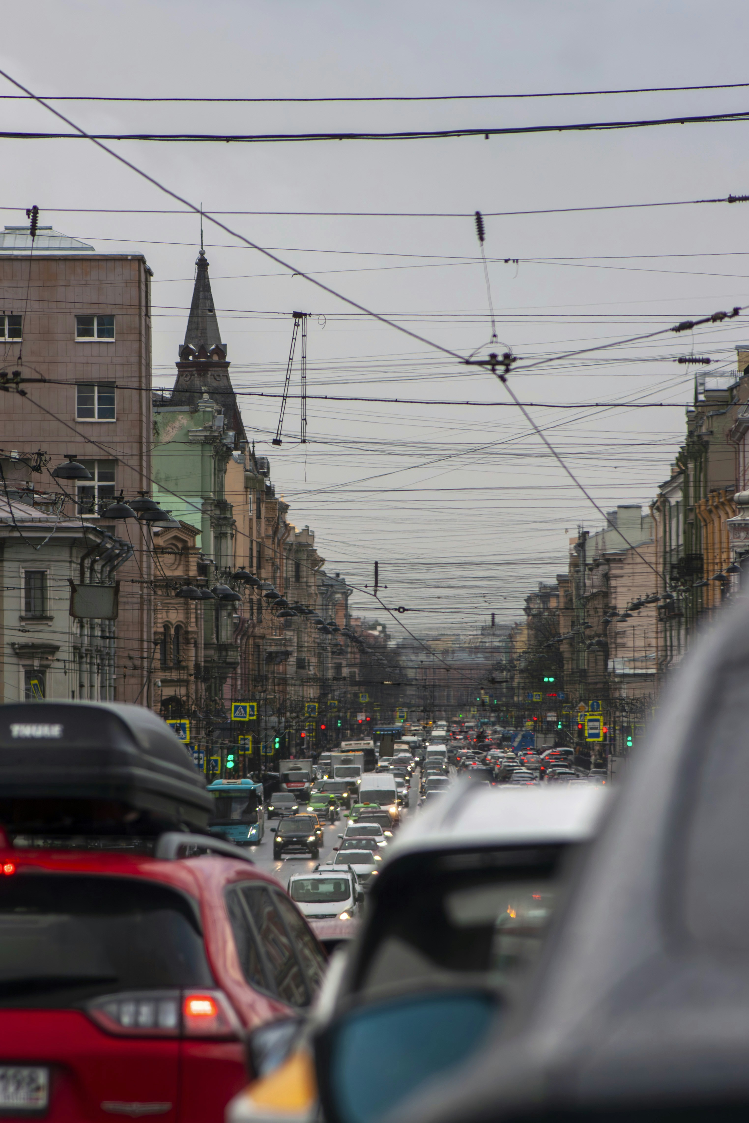 Busy city street with traffic and buildings