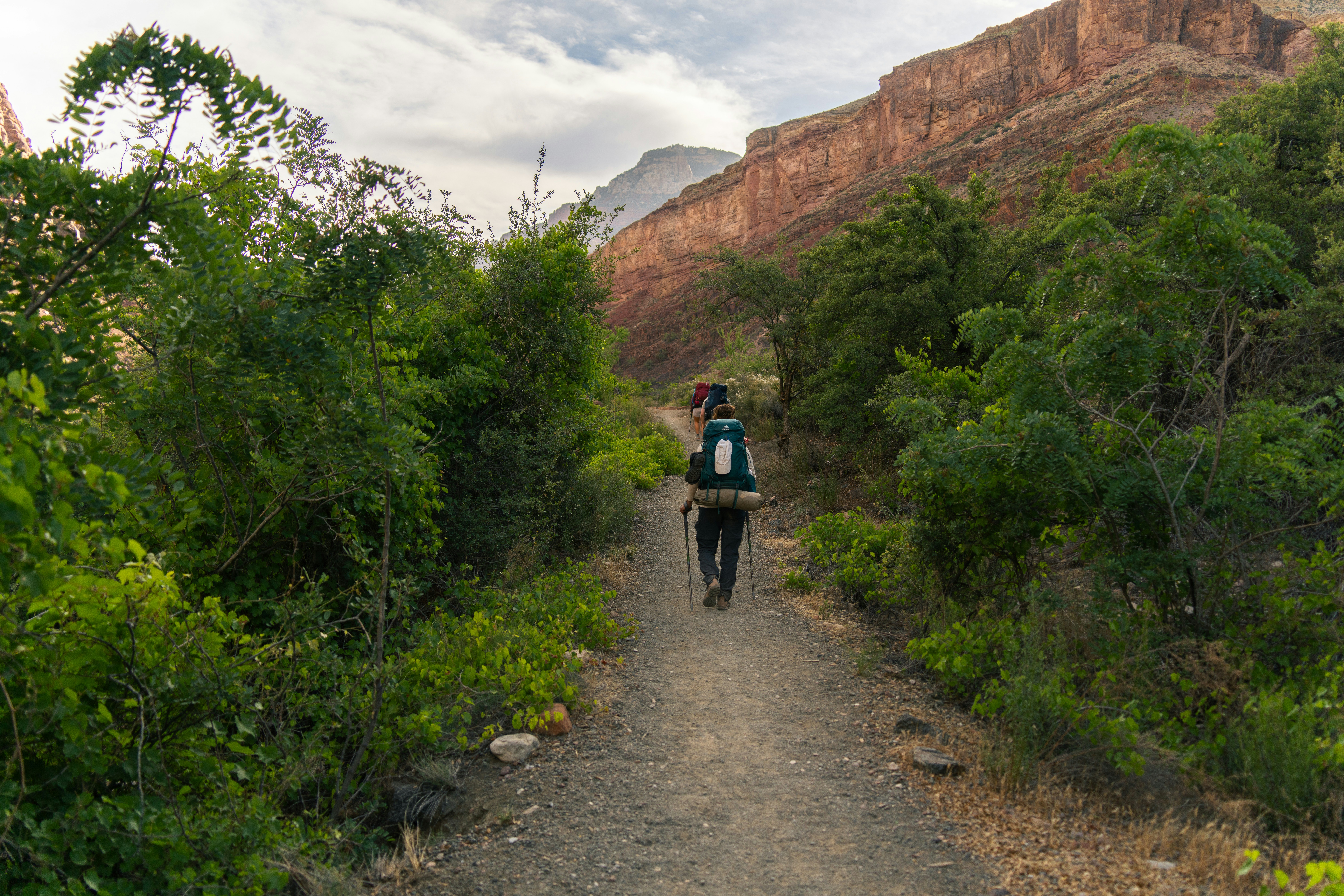 Hiker walks on a trail through a canyon