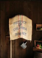 Burlap sack with "product of colombia" text