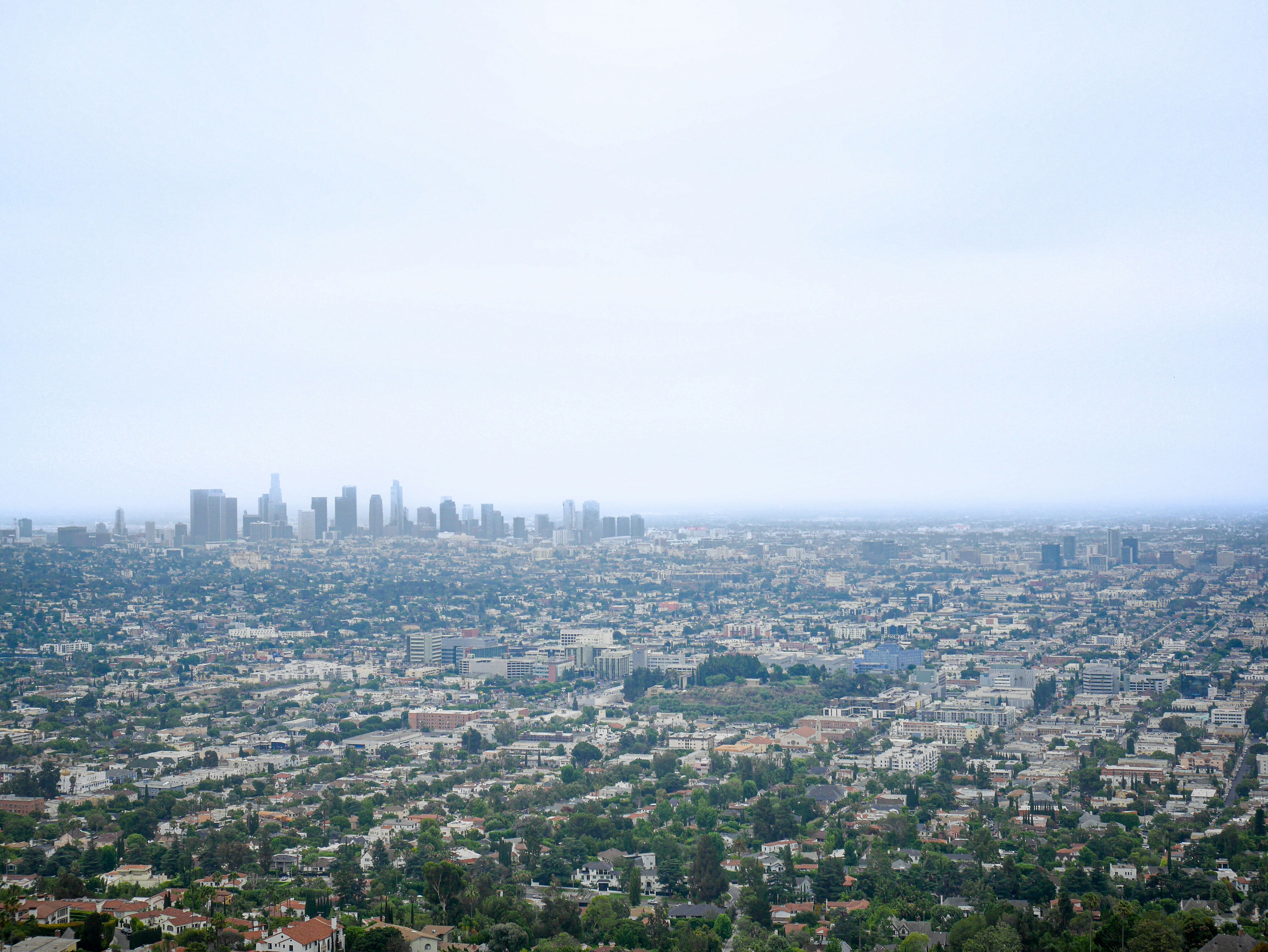 City skyline with buildings under a hazy sky
