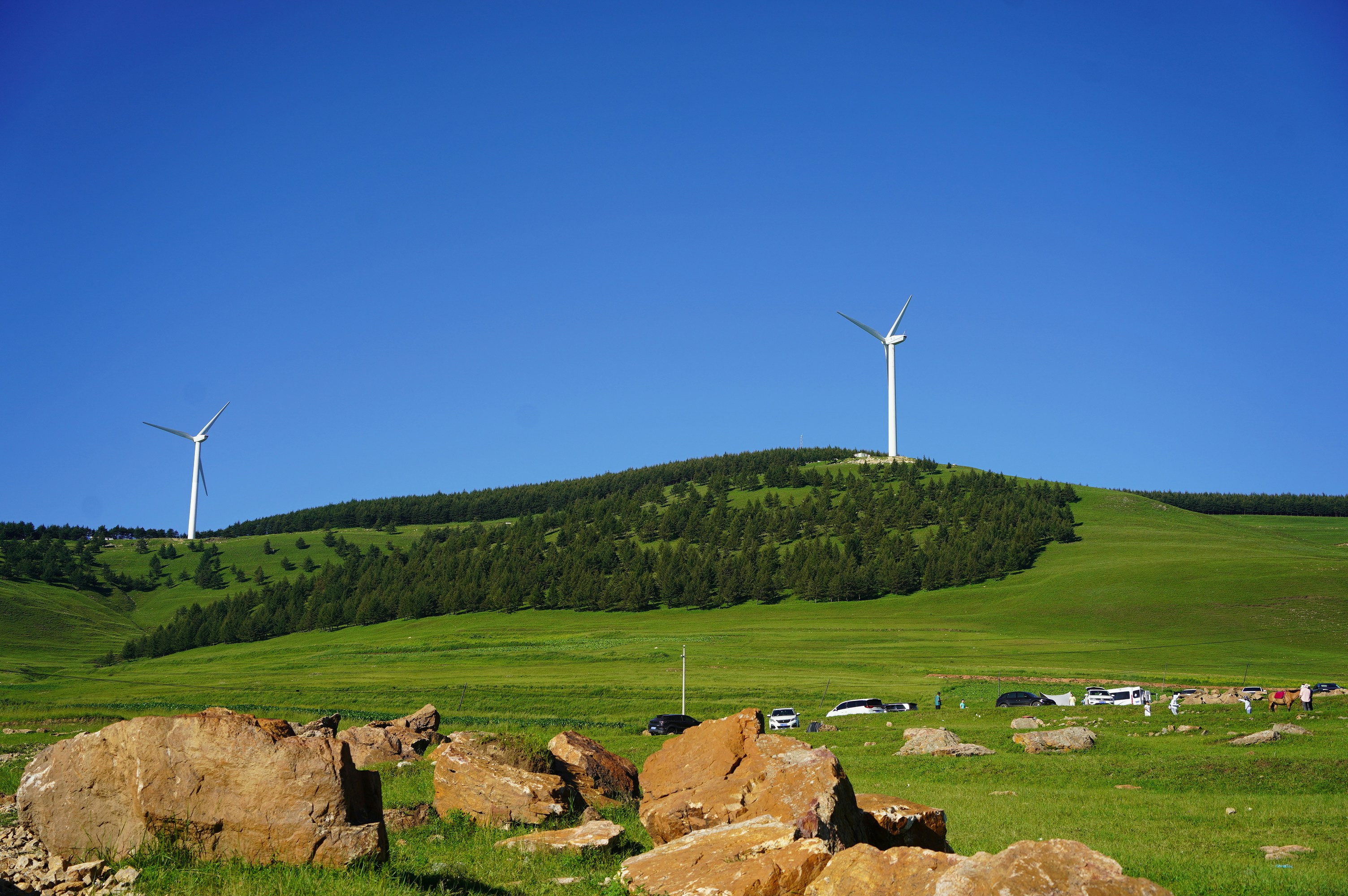 Wind turbines on a grassy hill under a clear sky