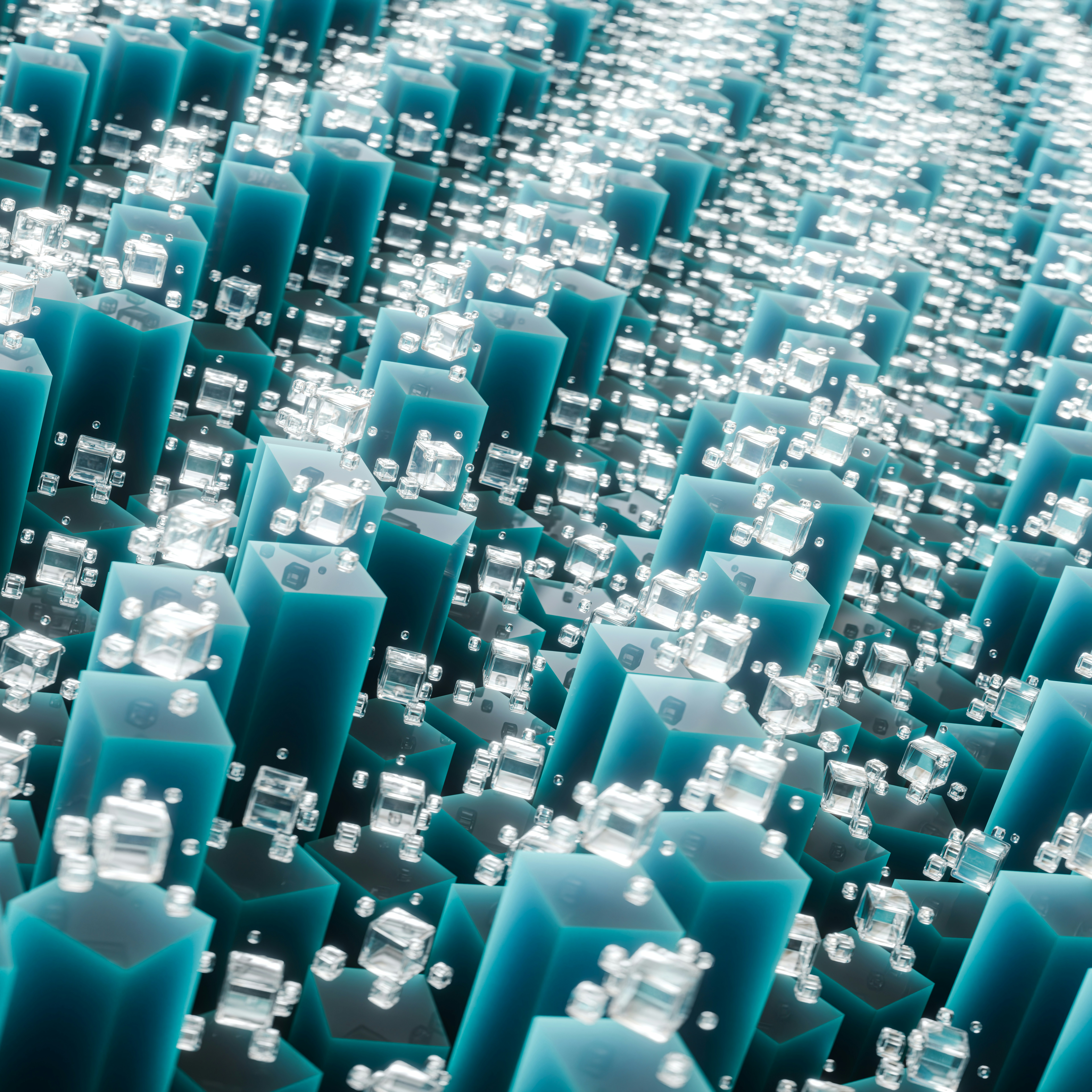 Abstract pattern of blue geometric shapes with clear spheres.