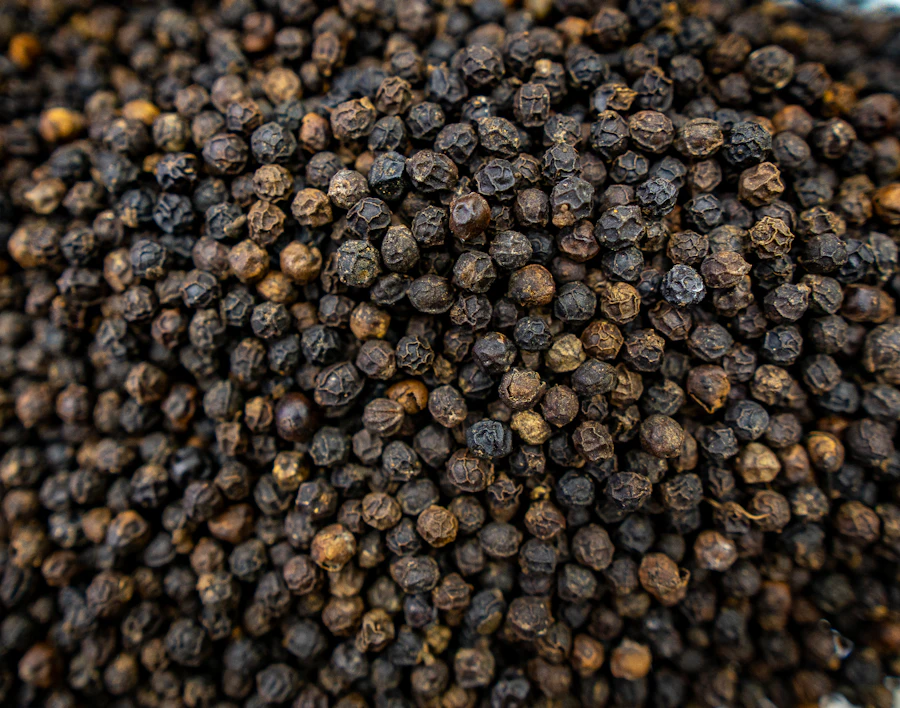 Rich close-up of whole dried black peppercorns from the Malabar coast